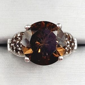 Genuine Round Smoky Quartz 925 Sterling Silver Ring